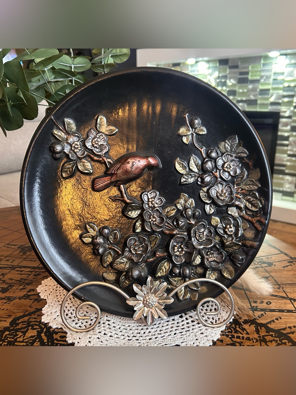 Vintage Black Ceramic Bird & Floral Wall Plate | Raised Metallic Flowers | Retro
